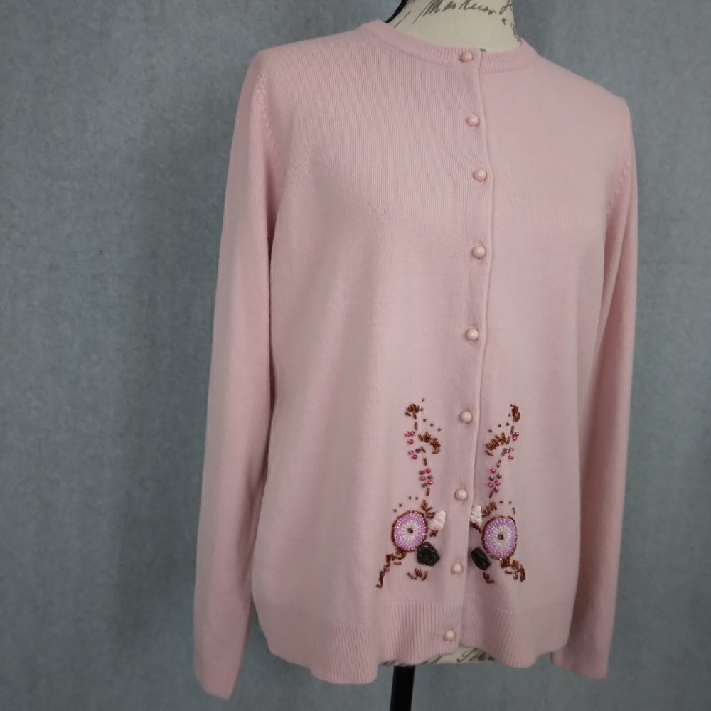Vintage Pink Pastel Embroidered Beaded Applique Cardigan Sweater | Size L - Picture 3 of 10